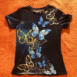 Women’s small S Butterfly Print t-shirt Shirt - Blue and Yellow